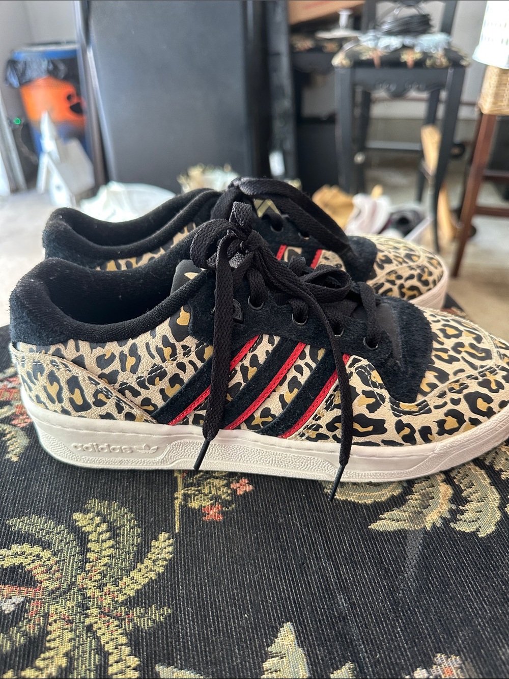 adidas Women's Leopard Print Sneakers with Black & Red Stripes EUC size 8.5